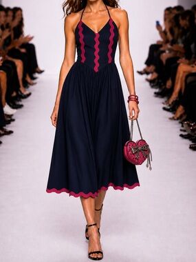 Rare Vintage Betsey Johnson Linen Dress 90’s Midi Halter Navy Blue